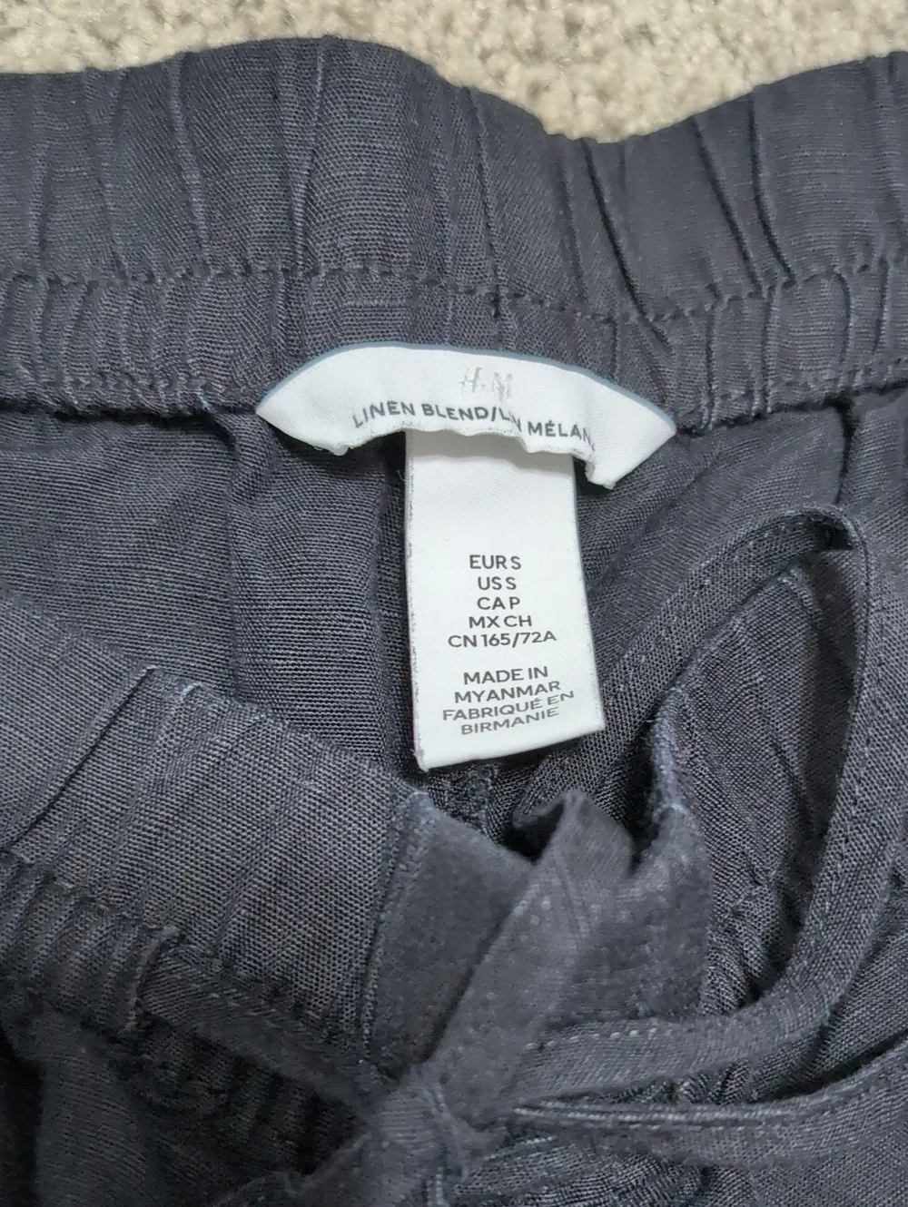 H&M Linen Blend Casual Black Pants Elastic waist Drawstring Size Small